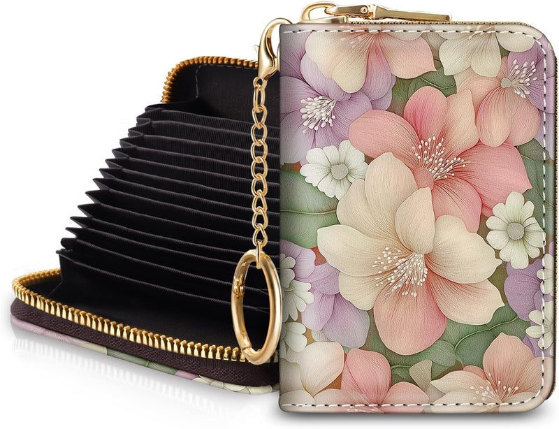 Blusabaca Flower Floral Credit Card Holder for Women, Small RFID Wallet with Zipper, Card Keychain Wallet, Leather Wallet Card Case, Business Blocking Accordion Wallet Gift - Image 1
